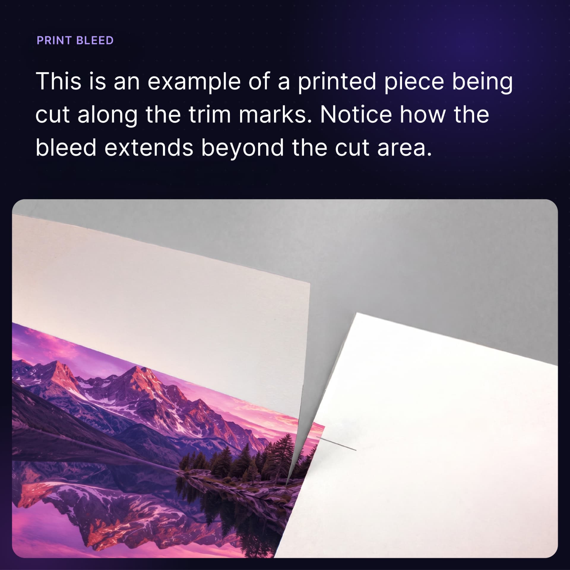 A printed sheet being cut along the trim marks, with the bleed extending past the cut
