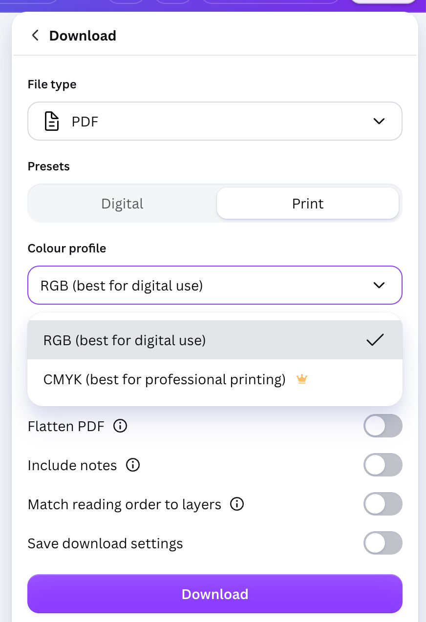 Canva colour profile menu showing RGB free and CMYK marked with the Canva Pro crown