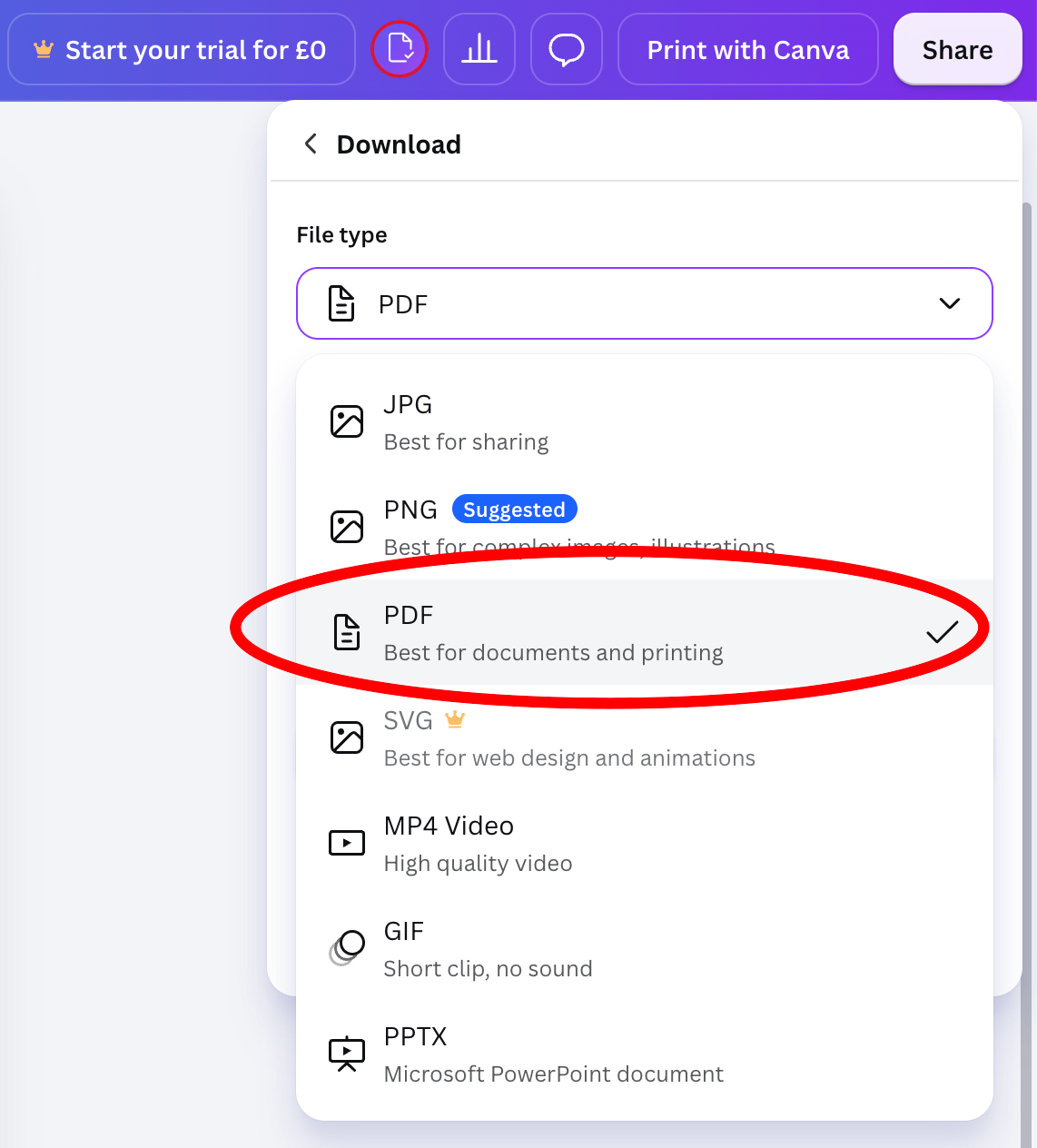 Canva Download panel with the file type dropdown open and PDF Print highlighted