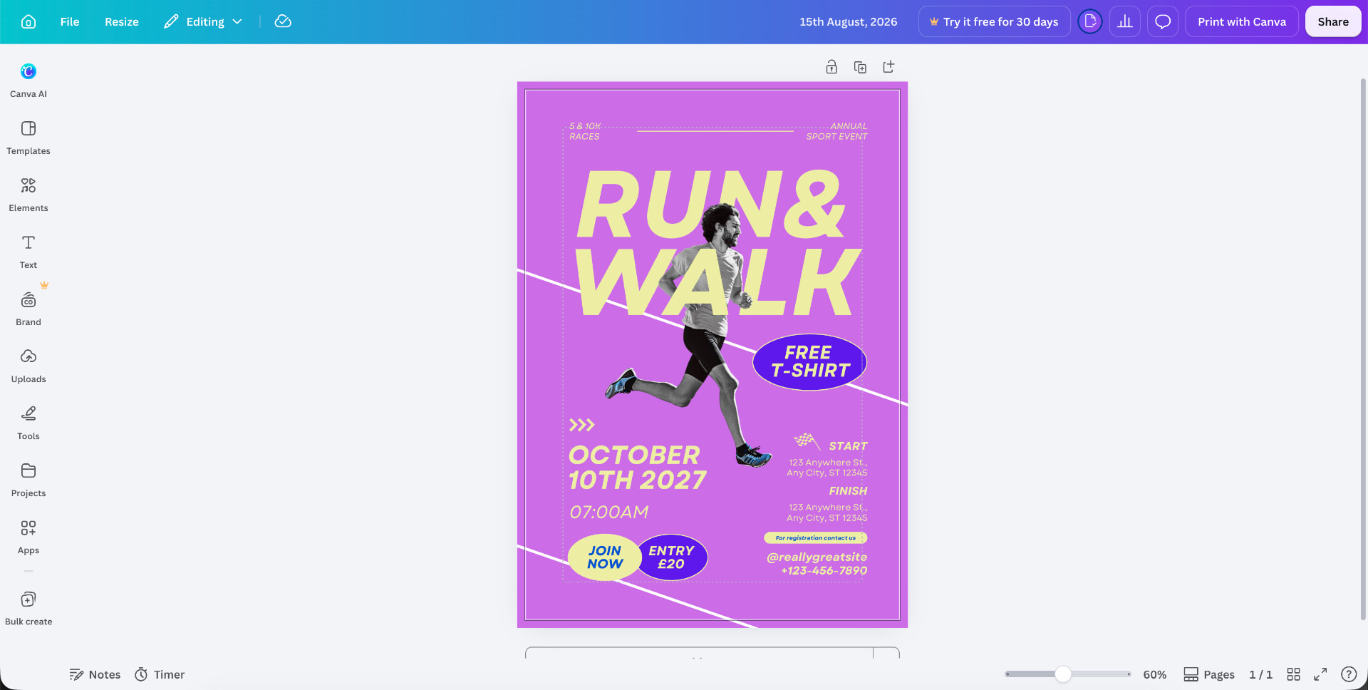 Canva editor showing a flyer design with bleed and safe-area guides