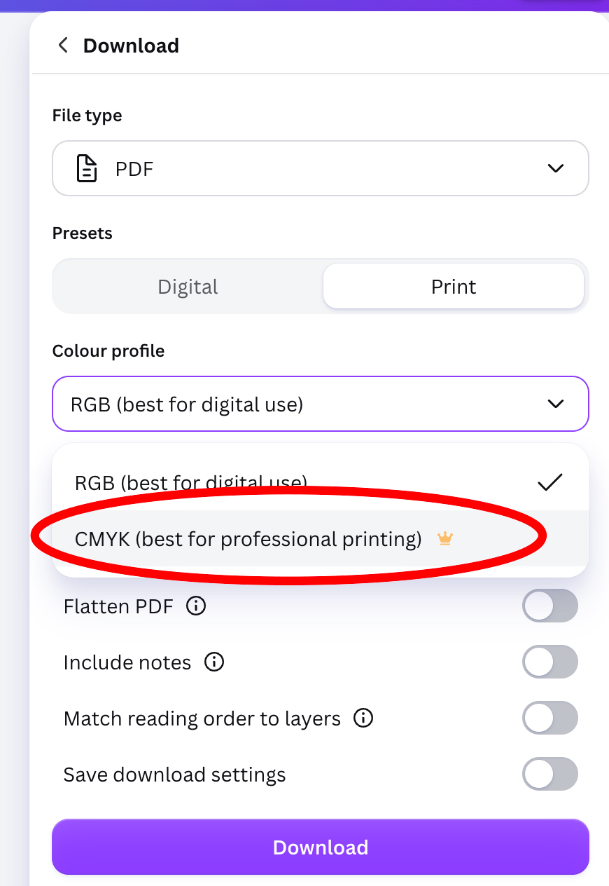 Canva Colour profile dropdown with CMYK best for professional printing highlighted