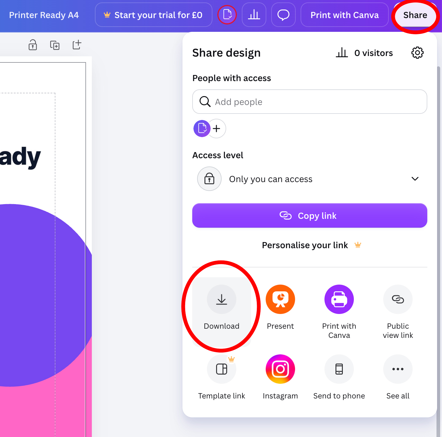 Canva Share menu open with the Download option highlighted