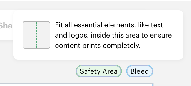 VistaPrint Safety Area tooltip: Fit all essential elements, like text and logos, inside this area