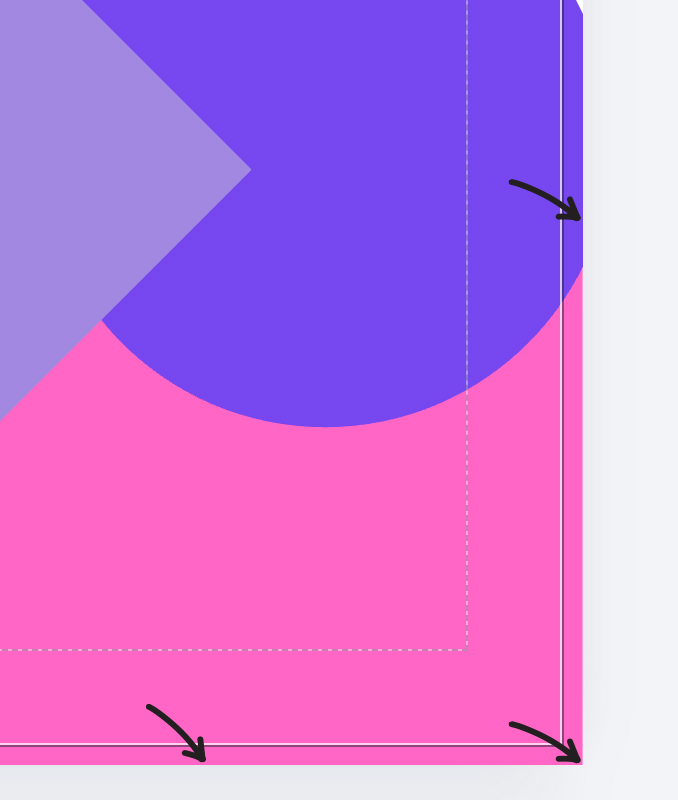 Close-up of the bottom-right corner after stretching, with arrows highlighting how the shapes now extend fully into the bleed area