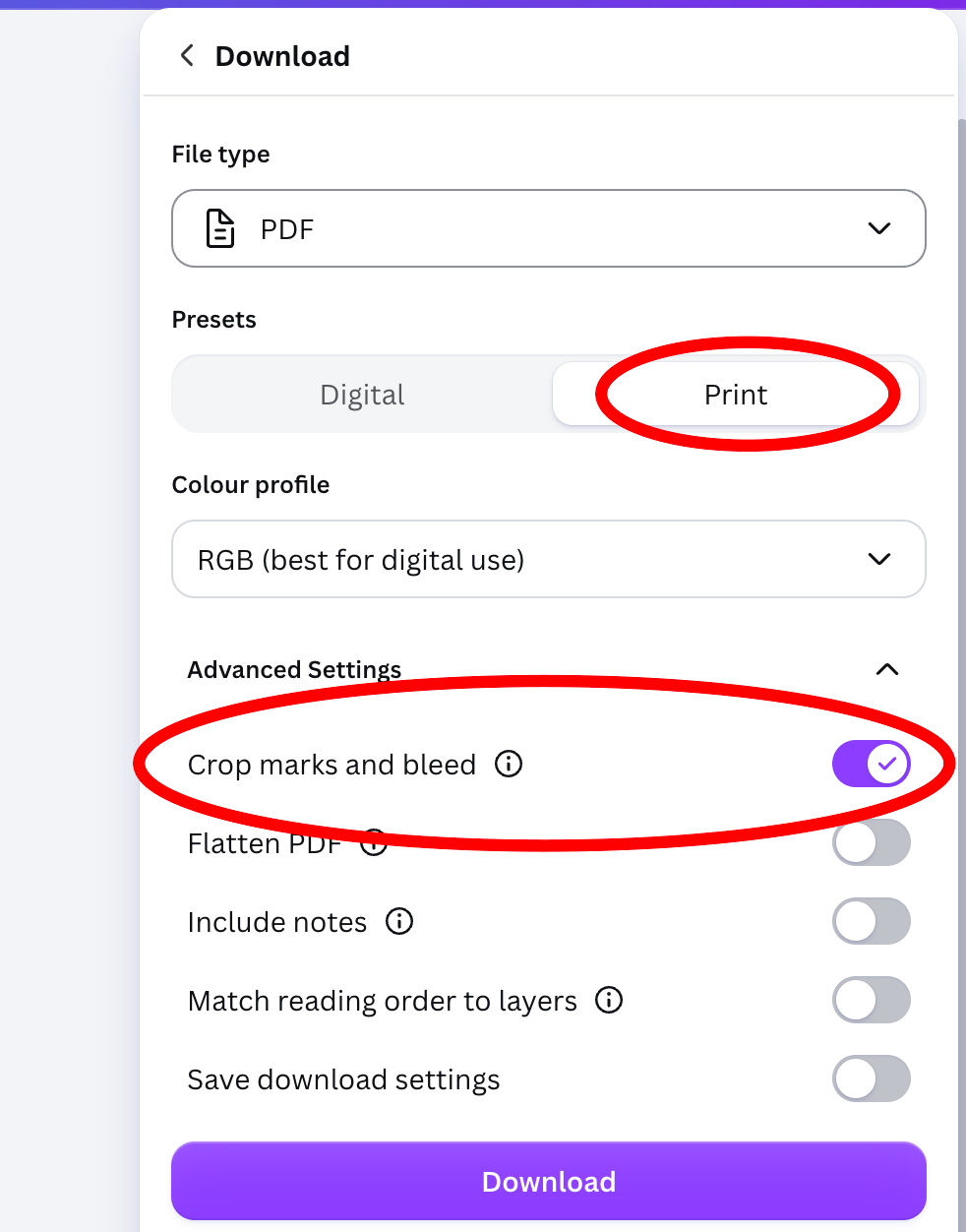 Canva Download advanced settings with Print preset selected and Crop marks and bleed toggled on
