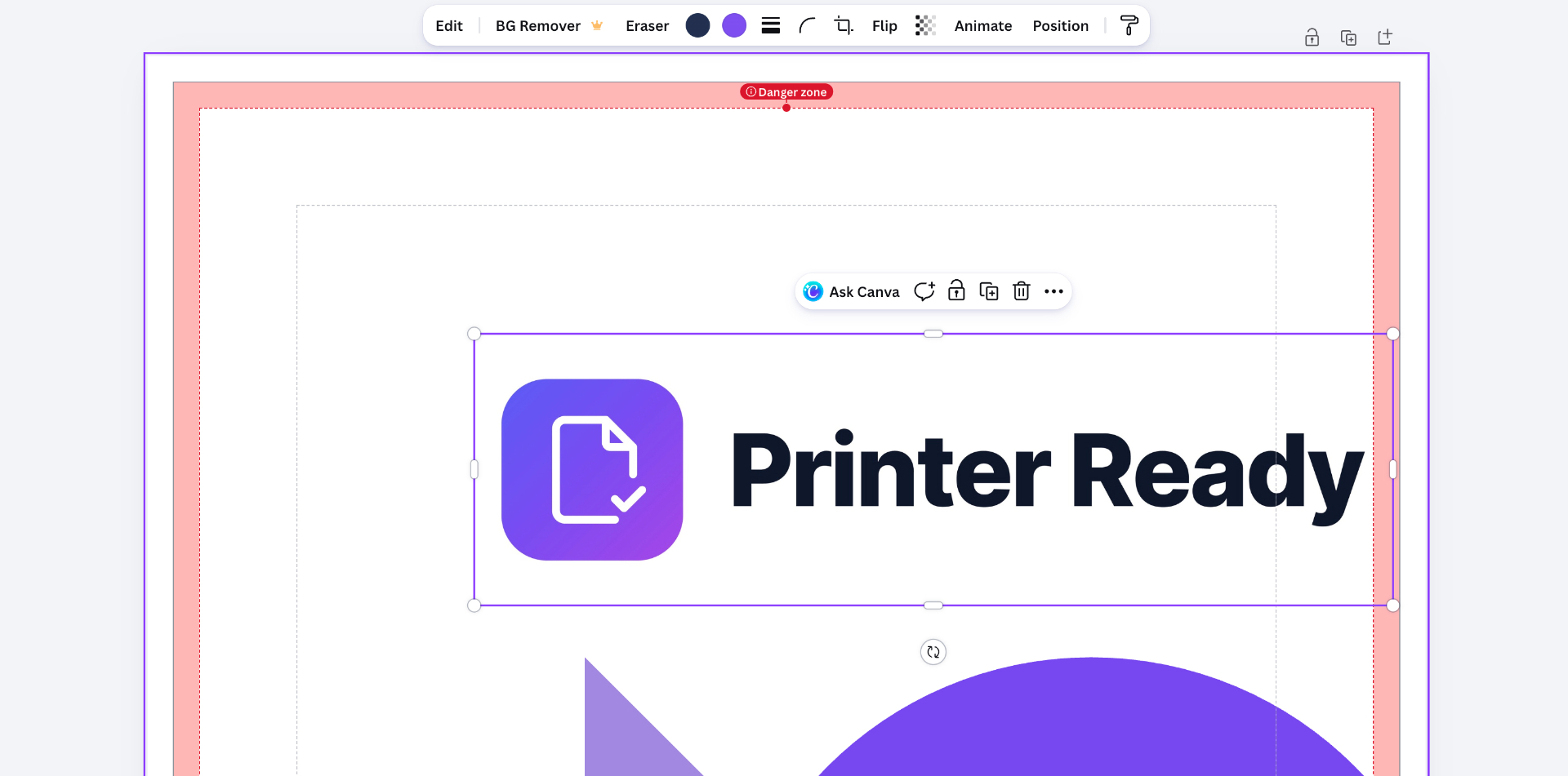 Canva design with the danger zone visible — a red band around the outer edge of the page marking where content risks being sliced off