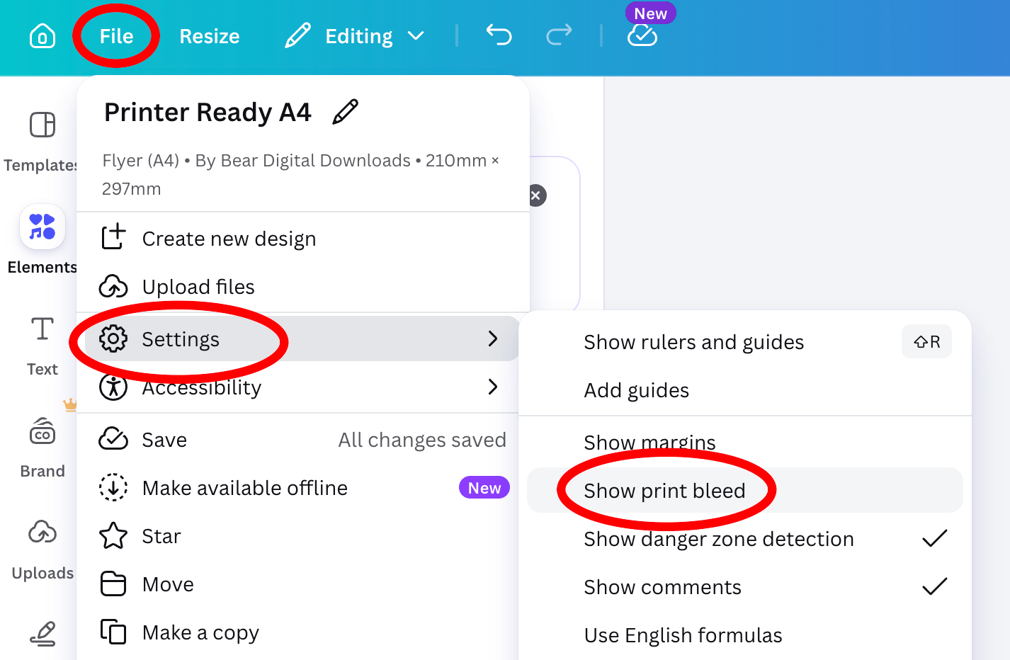 Screenshot of Canva's File menu with Settings expanded and Show print bleed highlighted