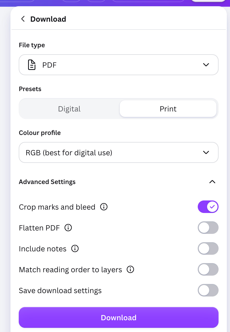 Canva Download panel with PDF file type, Print preset and Crop marks and bleed enabled