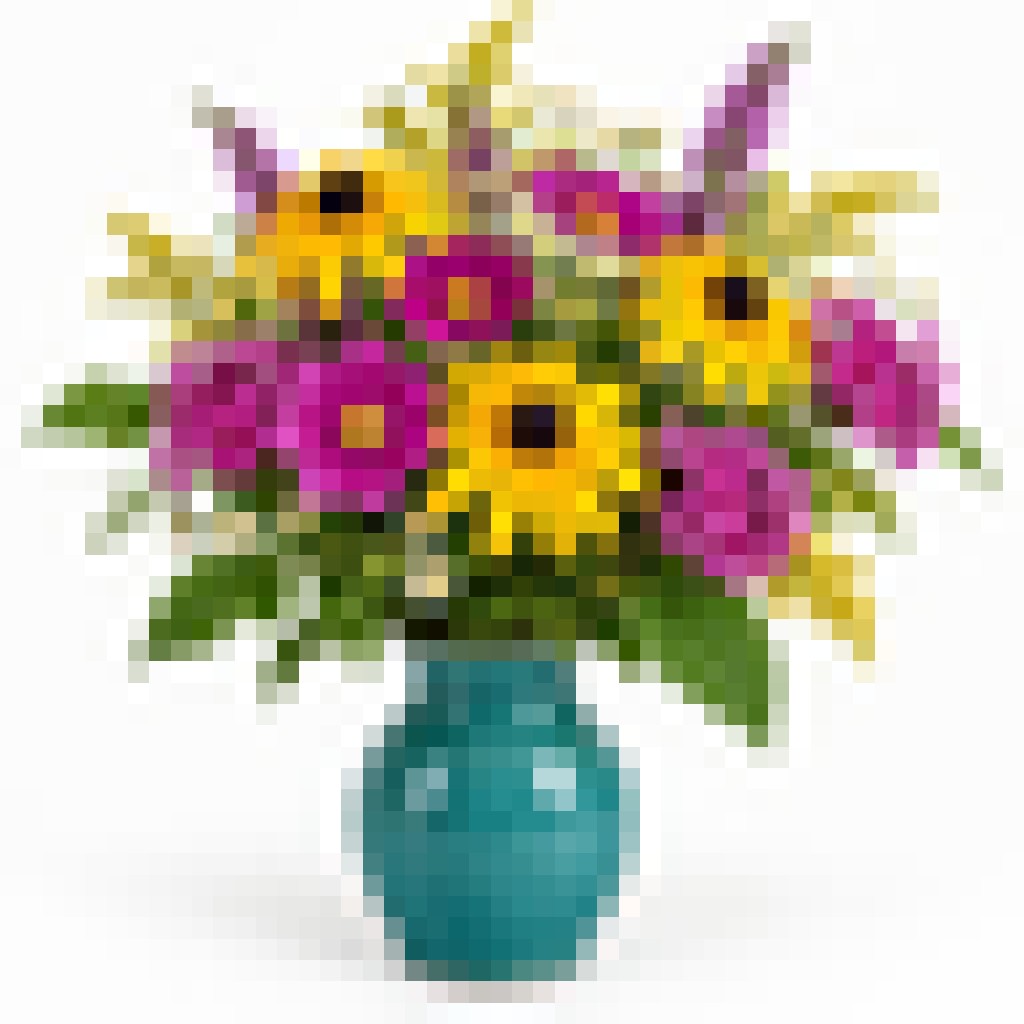 Flower photo deliberately reduced to 48 by 48 pixels and enlarged, showing blocky petals and leaves